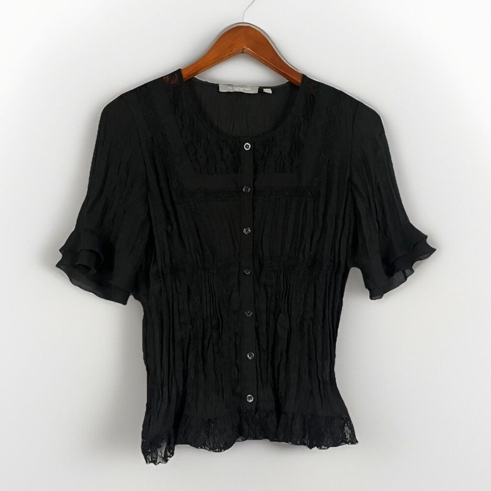 NY Collection Blouse Top Womens Small Petite Black Floral Lace Detail Whimsigoth